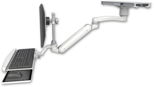 [UL182IEV7S-PS28-D1-KUB-A1] AccessMount™ Inverted Ultra 182 Arm with short EV710 monitor mount mount on a ProSlide 28" track slider, a 1" riser, a wrist-rest keyboard tray, and an 11" arm