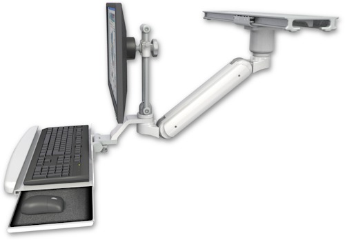 [UL182IEV7S-PS28-D1-KUB] AccessMount™ Inverted Ultra 182 Arm with short EV710 monitor mount mount on a ProSlide 28" track slider, a 1" riser, and a wrist-rest keyboard tray