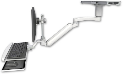 [UL182IEV7S-PS28-D3-KUB-A1] AccessMount™ Inverted Ultra 182 Arm with short EV710 monitor mount mount on a ProSlide 28" track slider, a 3" riser, a wrist-rest keyboard tray, and an 11" arm
