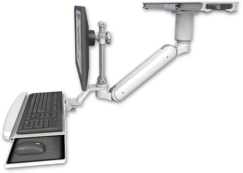 [UL182IEV7S-PS28-D3-KUB] AccessMount™ Inverted Ultra 182 Arm with short EV710 monitor mount mount on a ProSlide 28" track slider, a 3" riser, and a wrist-rest keyboard tray