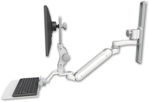 [UL182IP-T19-KU12F-AS1] AccessMount™ Inverted Ultra 182 Arm with Paralink monitor mount mount on a 19" wall track slider, a 12" flat keyboard tray, and an 6" arm
