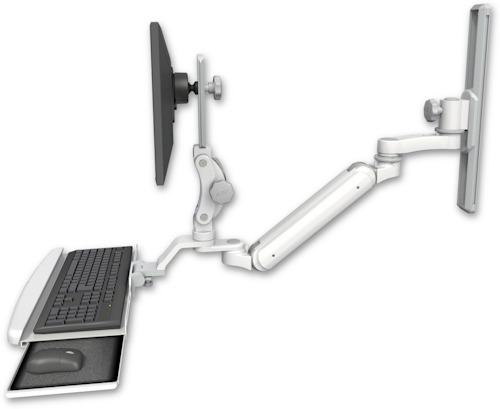 [UL182IP-T19-KUB-AS1] AccessMount™ Inverted Ultra 182 Arm with Paralink monitor mount mount on a 19" wall track slider, a wrist-rest keyboard tray, and an 6" arm