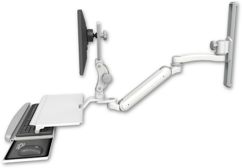 [UL182IP-T19-KUS-A1] AccessMount™ Inverted Ultra 182 Arm with Paralink monitor mount mount on a 19" wall track slider, a work surface tray and slide-out keyboard tray, and an 11" arm