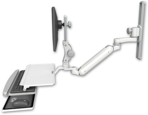 [UL182IP-T19-KUS-AS1] AccessMount™ Inverted Ultra 182 Arm with Paralink monitor mount mount on a 19" wall track slider, a work surface tray and slide-out keyboard tray, and an 6" arm