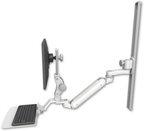 [UL182IP-T36-KU12F-AS1] AccessMount™ Inverted Ultra 182 Arm with Paralink monitor mount mount on a 36" wall track slider, a 12" flat keyboard tray, and an 6" arm