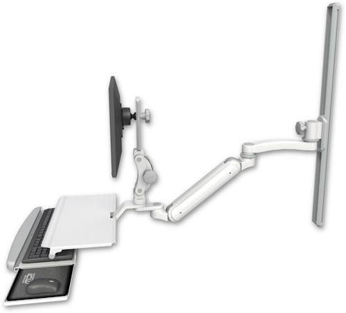 [UL182IP-T36-KUS-A1] AccessMount™ Inverted Ultra 182 Arm with Paralink monitor mount mount on a 36" wall track slider, a work surface tray and slide-out keyboard tray, and an 11" arm