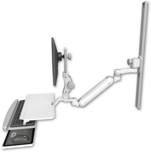 [UL182IP-T36-KUS-AS1] AccessMount™ Inverted Ultra 182 Arm with Paralink monitor mount mount on a 36" wall track slider, a work surface tray and slide-out keyboard tray, and an 6" arm