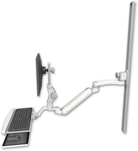 [UL182IP-T50-KUB-A1] AccessMount™ Inverted Ultra 182 Arm with Paralink monitor mount mount on a 50" wall track slider, a wrist-rest keyboard tray, and an 11" arm