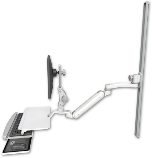 [UL182IP-T50-KUS-A1] AccessMount™ Inverted Ultra 182 Arm with Paralink monitor mount mount on a 50" wall track slider, a work surface tray and slide-out keyboard tray, and an 11" arm