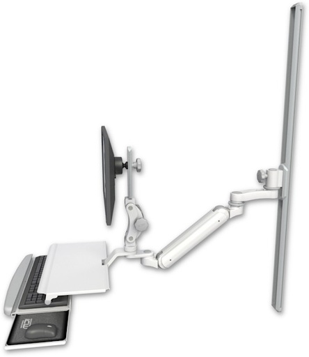 [UL182IP-T50-KUS-AS1] AccessMount™ Inverted Ultra 182 Arm with Paralink monitor mount mount on a 50" wall track slider, a work surface tray and slide-out keyboard tray, and an 6" arm