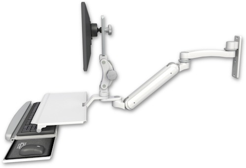 [UL182IP-W3-KUS-A1] AccessMount™ Inverted Ultra 182 Arm with Paralink monitor mount wall mount, a work surface tray and slide-out keyboard tray, and an 11" arm