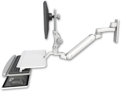 [UL182IP-W3-KUS-AS1] AccessMount™ Inverted Ultra 182 Arm with Paralink monitor mount wall mount, a work surface tray and slide-out keyboard tray, and an 6" arm