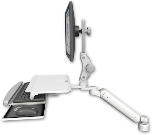 [UL182P-D1-KDS] AccessMount™ Ultra 182 Arm with Paralink monitor mount desk mount, a 1" riser, and a work surface tray and slide-out keyboard tray