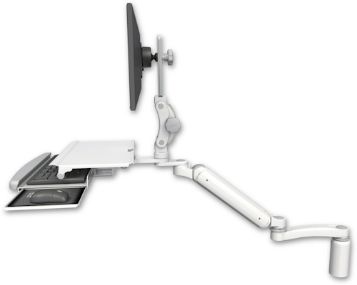 [UL182P-D5-KDS-A1] AccessMount™ Ultra 182 Arm with Paralink monitor mount desk mount, a 5" riser, a work surface tray and slide-out keyboard tray, and an 11" arm