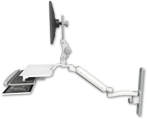 [UL182HP-T19-KUS-A1] AccessMount™ Ultra 182 Heavy Duty Arm with Paralink monitor mount mount on a 19" wall track slider, a work surface tray and slide-out keyboard tray, and an 11" arm