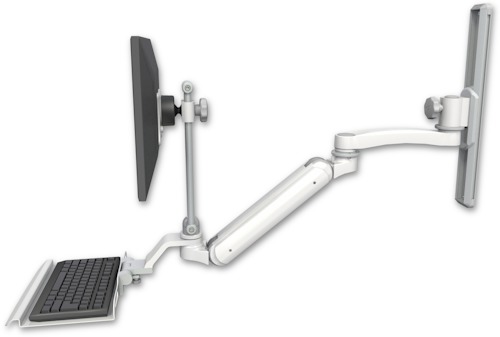 [UL182IEV7-T19-KU12-A1] AccessMount™ Inverted Ultra 182 Arm with EV710 monitor mount mount on a 19" wall track slider, a 12" keyboard tray, and an 11" arm