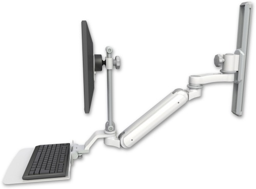 [UL182IEV7-T19-KU12F-AS1] AccessMount™ Inverted Ultra 182 Arm with EV710 monitor mount mount on a 19" wall track slider, a 12" flat keyboard tray, and an 6" arm