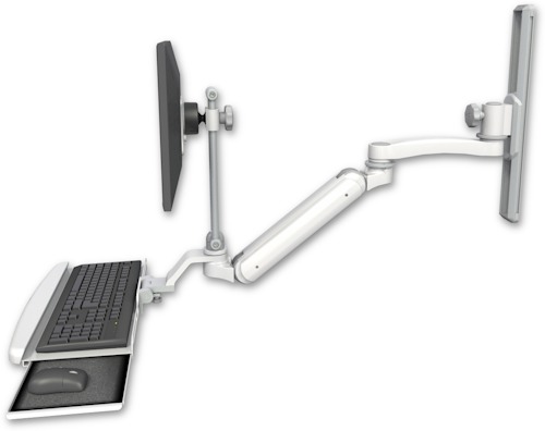 [UL182IEV7-T19-KUB-A1] AccessMount™ Inverted Ultra 182 Arm with EV710 monitor mount mount on a 19" wall track slider, a wrist-rest keyboard tray, and an 11" arm
