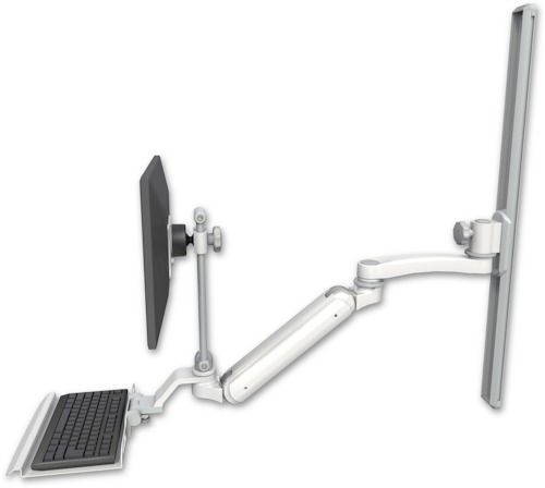 [UL182IEV7-T36-KU12-A1] AccessMount™ Inverted Ultra 182 Arm with EV710 monitor mount mount on a 36" wall track slider, a 12" keyboard tray, and an 11" arm