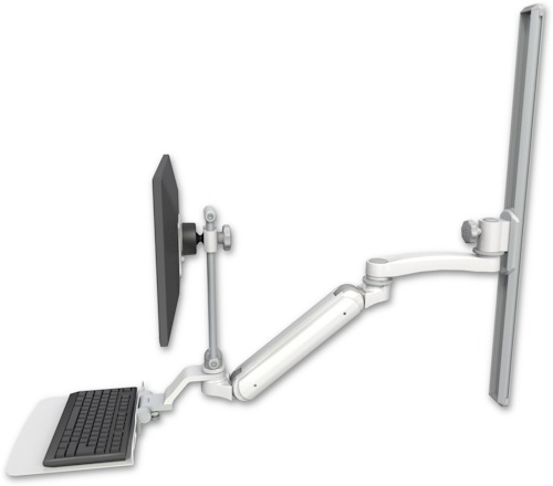 [UL182IEV7-T36-KU12F-A1] AccessMount™ Inverted Ultra 182 Arm with EV710 monitor mount mount on a 36" wall track slider, a 12" flat keyboard tray, and an 11" arm