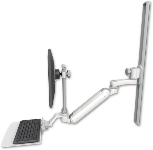 [UL182IEV7-T36-KU12F-AS1] AccessMount™ Inverted Ultra 182 Arm with EV710 monitor mount mount on a 36" wall track slider, a 12" flat keyboard tray, and an 6" arm