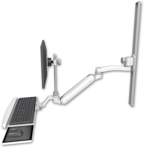 [UL182IEV7-T36-KUB-A1] AccessMount™ Inverted Ultra 182 Arm with EV710 monitor mount mount on a 36" wall track slider, a wrist-rest keyboard tray, and an 11" arm