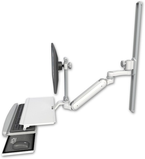 [UL182IEV7-T36-KUS-AS1] AccessMount™ Inverted Ultra 182 Arm with EV710 monitor mount mount on a 36" wall track slider, a work surface tray and slide-out keyboard tray, and an 6" arm