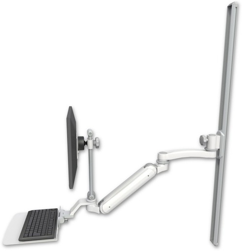 [UL182IEV7-T50-KU12F-A1] AccessMount™ Inverted Ultra 182 Arm with EV710 monitor mount mount on a 50" wall track slider, a 12" flat keyboard tray, and an 11" arm