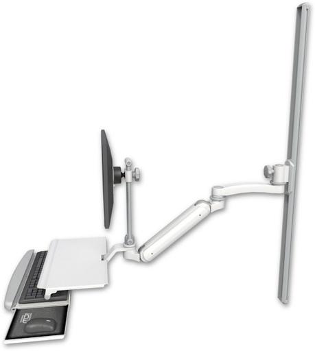 [UL182IEV7-T50-KUS-A1] AccessMount™ Inverted Ultra 182 Arm with EV710 monitor mount mount on a 50" wall track slider, a work surface tray and slide-out keyboard tray, and an 11" arm