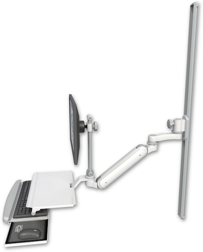 [UL182IEV7-T50-KUS-AS1] AccessMount™ Inverted Ultra 182 Arm with EV710 monitor mount mount on a 50" wall track slider, a work surface tray and slide-out keyboard tray, and an 6" arm