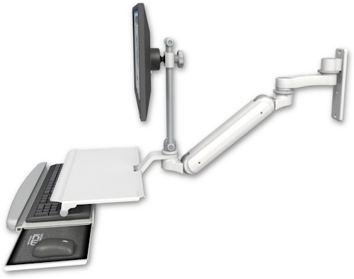 [UL182IEV7-W3-KUS-AS1] AccessMount™ Inverted Ultra 182 Arm with EV710 monitor mount wall mount, a work surface tray and slide-out keyboard tray, and an 6" arm