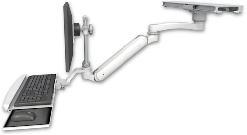 [UL182IEV7S-PS28-D0-KUB-A1] AccessMount™ Inverted Ultra 182 Arm with short EV710 monitor mount mount on a ProSlide 28" track slider, a wrist-rest keyboard tray, and an 11" arm