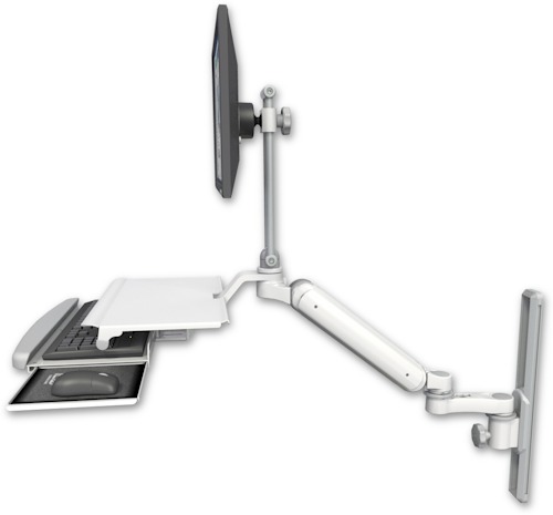 [UL182HEV7-T19-KUS-AS1] AccessMount™ Ultra 182 Heavy Duty Arm with EV710 monitor mount mount on a 19" wall track slider, a work surface tray and slide-out keyboard tray, and an 6" arm