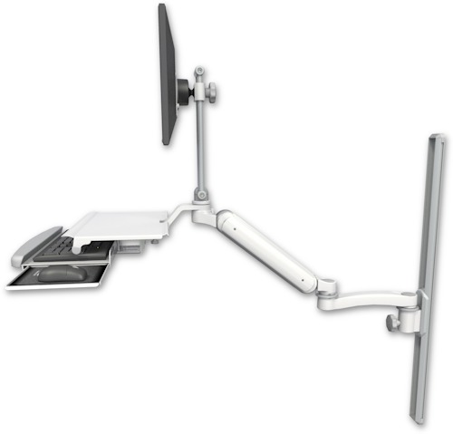 [UL182HEV7-T36-KUS-A1] AccessMount™ Ultra 182 Heavy Duty Arm with EV710 monitor mount mount on a 36" wall track slider, a work surface tray and slide-out keyboard tray, and an 11" arm