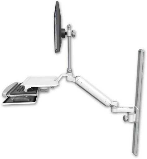 [UL182HEV7-T36-KUS-AS1] AccessMount™ Ultra 182 Heavy Duty Arm with EV710 monitor mount mount on a 36" wall track slider, a work surface tray and slide-out keyboard tray, and an 6" arm