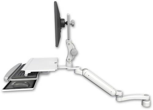[UL182HP-D1-KDS-A1] AccessMount™ Ultra 182 Heavy Duty Arm with Paralink monitor mount desk mount, a 1" riser, a work surface tray and slide-out keyboard tray, and an 11" arm
