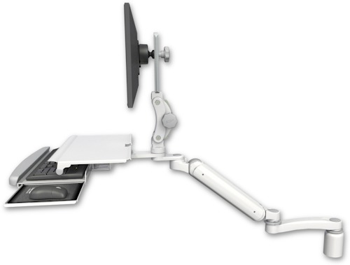 [UL182HP-D3-KDS-A1] AccessMount™ Ultra 182 Heavy Duty Arm with Paralink monitor mount desk mount, a 3" riser, a work surface tray and slide-out keyboard tray, and an 11" arm