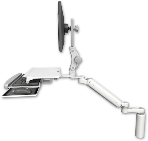 [UL182HP-D7-KDS-AS1] AccessMount™ Ultra 182 Heavy Duty Arm with Paralink monitor mount desk mount, a 7.5" riser, a work surface tray and slide-out keyboard tray, and an 6" arm