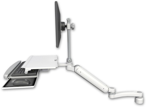 [UL182HEV7-D1-KDS-A1] AccessMount™ Ultra 182 Heavy Duty Arm with EV710 monitor mount desk mount, a 1" riser, a work surface tray and slide-out keyboard tray, and an 11" arm