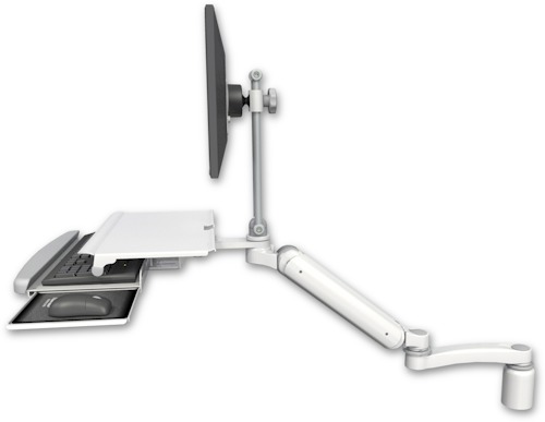 [UL182HEV7-D3-KDS-A1] AccessMount™ Ultra 182 Heavy Duty Arm with EV710 monitor mount desk mount, a 3" riser, a work surface tray and slide-out keyboard tray, and an 11" arm