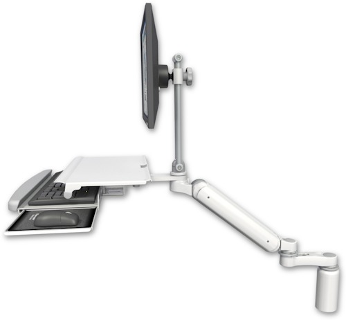 [UL182HEV7-D5-KDS-AS1] AccessMount™ Ultra 182 Heavy Duty Arm with EV710 monitor mount desk mount, a 5" riser, a work surface tray and slide-out keyboard tray, and an 6" arm