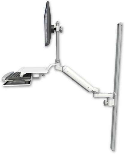[UL182EV7-T50-KUS-AS1] AccessMount™ Ultra 182 Arm with EV710 monitor mount mount on a 50" wall track slider, a work surface tray and slide-out keyboard tray, and an 6" arm