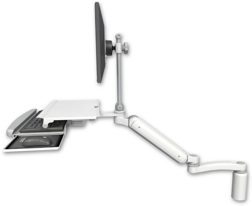[UL182EV7-D5-KDS-A1] AccessMount™ Ultra 182 Arm with EV710 monitor mount desk mount, a 5" riser, a work surface tray and slide-out keyboard tray, and an 11" arm