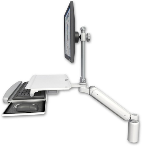 [UL182EV7-D5-KDS] AccessMount™ Ultra 182 Arm with EV710 monitor mount desk mount, a 5" riser, and a work surface tray and slide-out keyboard tray