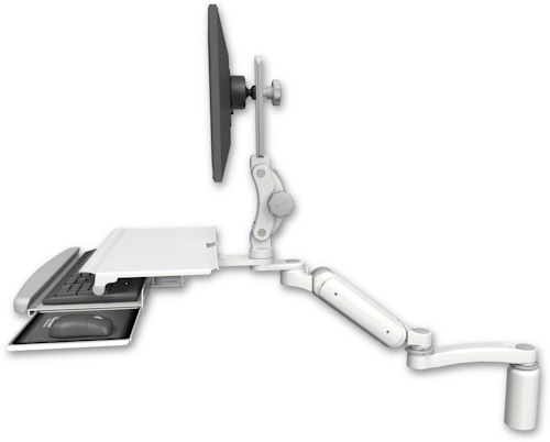 [UL180P-D5-KDS-A1] AccessMount™ Ultra 180 Arm with Paralink monitor mount desk mount, a 5" riser, a work surface tray and slide-out keyboard tray, and an 11" arm