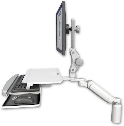 [UL180P-D5-KDS] AccessMount™ Ultra 180 Arm with Paralink monitor mount desk mount, a 5" riser, and a work surface tray and slide-out keyboard tray