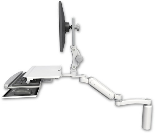 [UL180P-D7-KDS-A1] AccessMount™ Ultra 180 Arm with Paralink monitor mount desk mount, a 7.5" riser, a work surface tray and slide-out keyboard tray, and an 11" arm