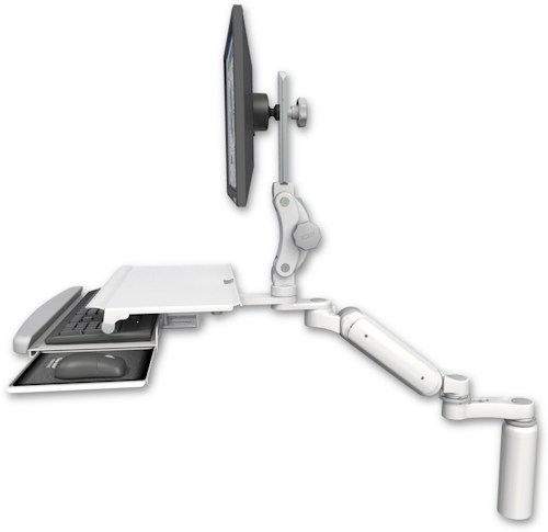 [UL180P-D7-KDS-AS1] AccessMount™ Ultra 180 Arm with Paralink monitor mount desk mount, a 7.5" riser, a work surface tray and slide-out keyboard tray, and an 6" arm