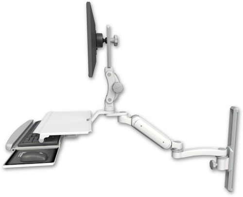 [UL180P-T19-KUS-A1] AccessMount™ Ultra 180 Arm with Paralink monitor mount mount on a 19" wall track slider, a work surface tray and slide-out keyboard tray, and an 11" arm