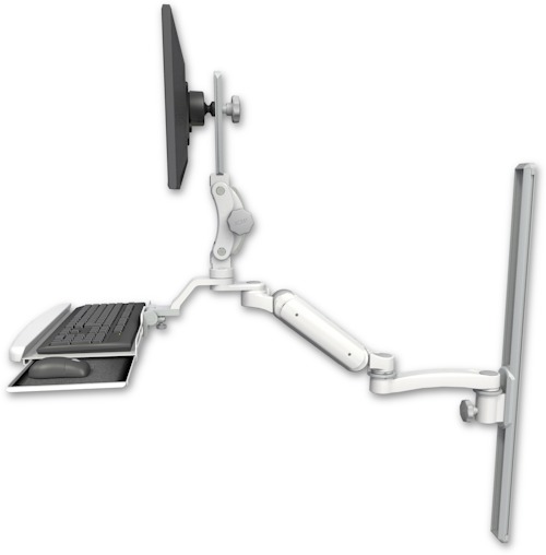 [UL180P-T36-KUB-A1] AccessMount™ Ultra 180 Arm with Paralink monitor mount mount on a 36" wall track slider, a wrist-rest keyboard tray, and an 11" arm